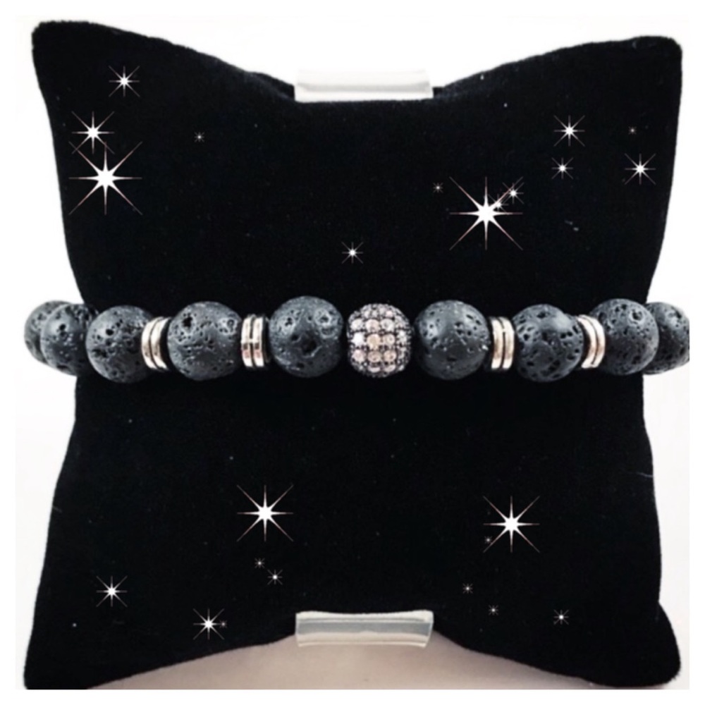 Women Lava rock black rodhium cz ball bracelet